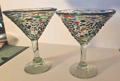 2 Hand Blown Colorful Jewel Toned Colors Pebbled Confetti Martini Glass 3D