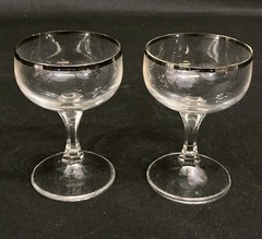 Lot of 2 Crystal Cordial Glasses with Platinum Rims, Hexagon Stem, Approx 3.75″