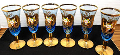 6 Vintage Bohemian Cobalt Cordial Hand Painted Shot Glass Gold Decoration