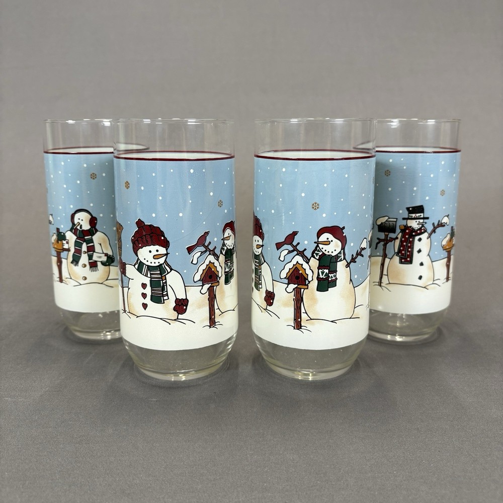 Meiwa Snowmen Serenade II Glasses Tumblers 5 7/8″ Set of 4 Holiday Drinkware