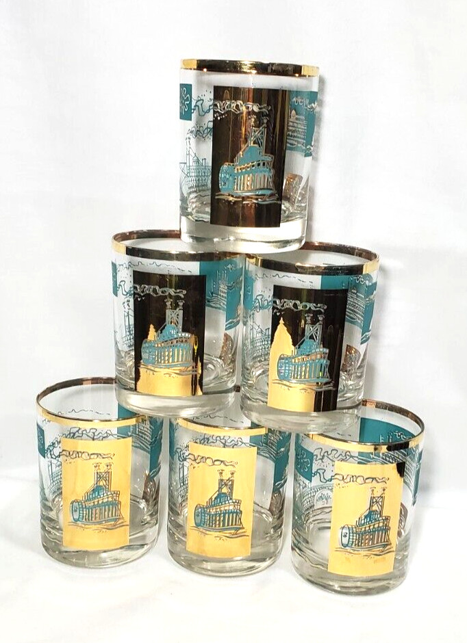 Steamboat Southern Comfort Double Old Fashion 22 Karat Gold an Aqua Set of 6