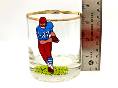 Rare Set of 3 Low Ball Whiskey Clear Glass Football Player by Olympia Gold Trim