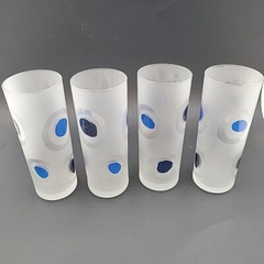 Frosted Glasses Mid Century Iridescent Blue Circles Rings 7” MCM Set of 4