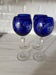 4 Bachman Traube Sapphire Blue Grape Cut To Clear Wine Glass, Made In Romania
