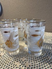 6 Libbey MARINE LIFE Glasses Fish Seahorse Gold Aqua 1950s MCM Cocktail