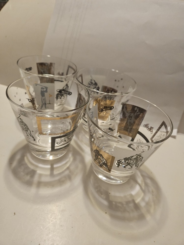 Set Of 4 Vtg Glasses Rocks Weighted Sports MCM Whiskey 3.5 X 3.5 Barware 1791.1