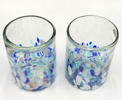 2 Handblown Glass Confetti Tumblers, Blue/Aqua/White/Brass Frit, Heavy, Mexico