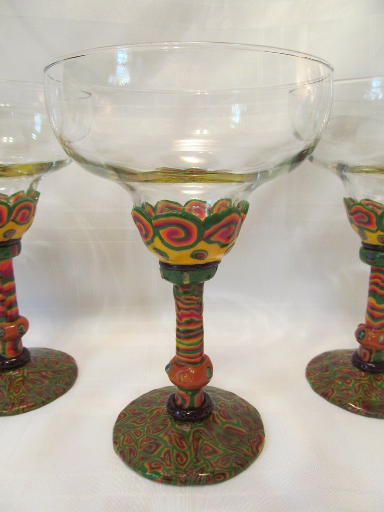 Artisan Studio Mexico Four (4) Gorgeous Green Red Yellow Margarita Glasses