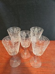 Set of 5 Vintage Etched Wine Goblets Floral Crest Clear Glass