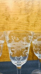 Vintage Set Of 5 Etched Floral Pattern Optic Clear Cut Crystal Wine Glasses