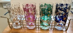 Vintage SET of 8 Fred Press MCM Floral Multicolor Highball Glasses with tray