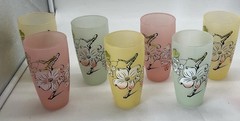 7 Anchor Hocking Glasses Dogwood Flower Pastel Frosted Vintage 5.75” Tumblers