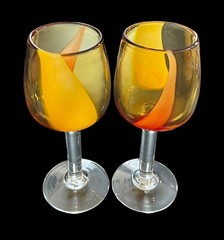 Set Of 2 Vintage Hand Blown Amber Art Glass 8” Wine Goblets Red & Yellow Accents