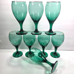 Emerald Green Wine Teardrop Glasses Set of 8 Gold Rim Vintage Goblets 7 Inch