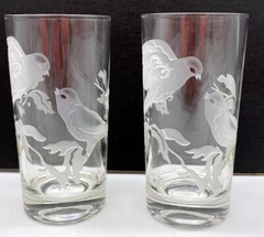 Beautiful pair of J James signed 12 oz glasses Hand carved etched Birds 5 1/2″