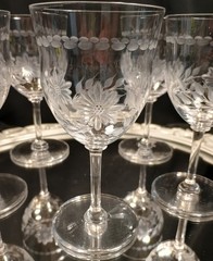 5 Vintage «Bachelor’s Buttons» Fine Floral Cut Crystal Wine Goblets Glasses SET