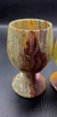 2 Vintage Hand Carved Natural Green Onyx Stone Goblet Wine Glasses