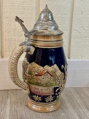Vintage German Beer Stein Pewter Lid Ceramic Relief Alpine Scene Auf der Alm 0.5