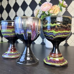 Signed D. Lesser Studio Pottery Goblets, Stoneware Set of 3, 6 Inches Tie & Dye