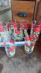 Set of 8 Red Poppies Flower Drinking juice glasses Floral Mid Century Style