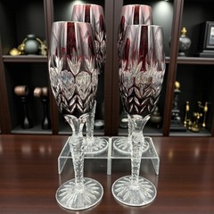 VTG Ajka Florderis Ruby Red Cut to Clear Crystal Fluted Champagne Bohemian Set 4