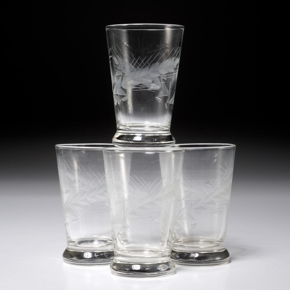 Antique Art Deco Shot Glass Barware Etched Wheat Vintage Set of 4 3.25″h