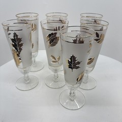 Set Of 7 Vintage MCM Libbey Golden Leaf Frosted Gold Trim Pilsner Beer Glasses