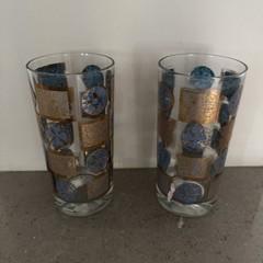 Vintage Set Of 4 CULVER CARNIVAL Design Gold And Turquoise Highball Glasses