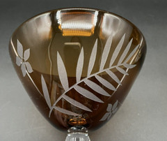 Vintage Art Glass Amber Etched Floral & Leaf Berry Dessert Dish Martini Glass