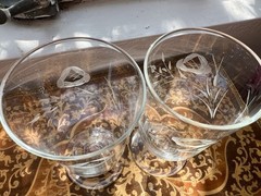Vintage Etched Rose Footed Tumblers Pair Floral Wheel Etched Blown Glass