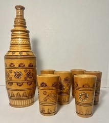 Handcrafted Ukrainian Wood Decanter Set Burned Design (pyrography) With 6 Cups