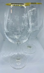 2 Vintage Etched Glass Atomic Star Burst Wine Glasses MCM Czech Gold Tone Trim