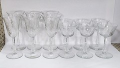 SET of 12 Vintage 20th C Etched 6x Wine & 6x Cocktail CRYSTAL Goblet GLASSES