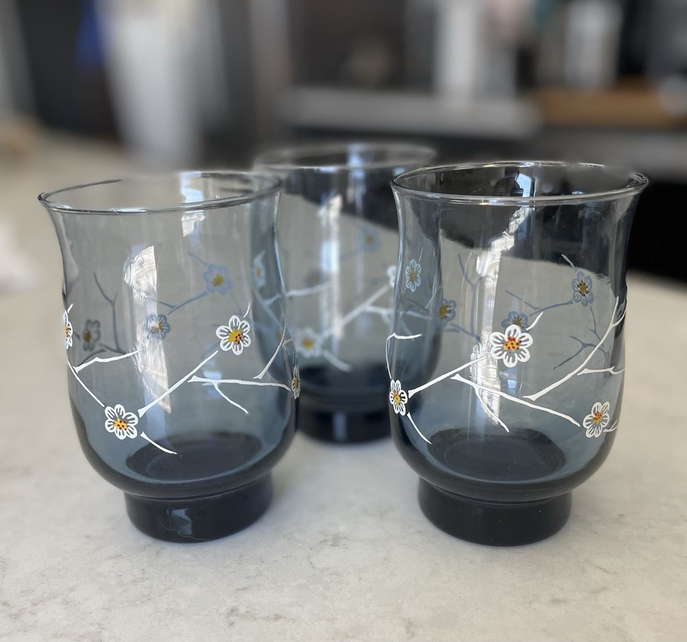 3 Libbey Smokey Blue Dogwood Flower Water Glasses – 12 Oz Vintage Retro 1970s