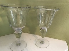 Lot of 2 Hand Blown  Clear w inclusions/ bubbles  8 in Stemmed Goblets