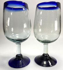 Pretty 16oz Hand Blown Wine Glasses Blue Rimmed and Footed 7 3/4″ Tall