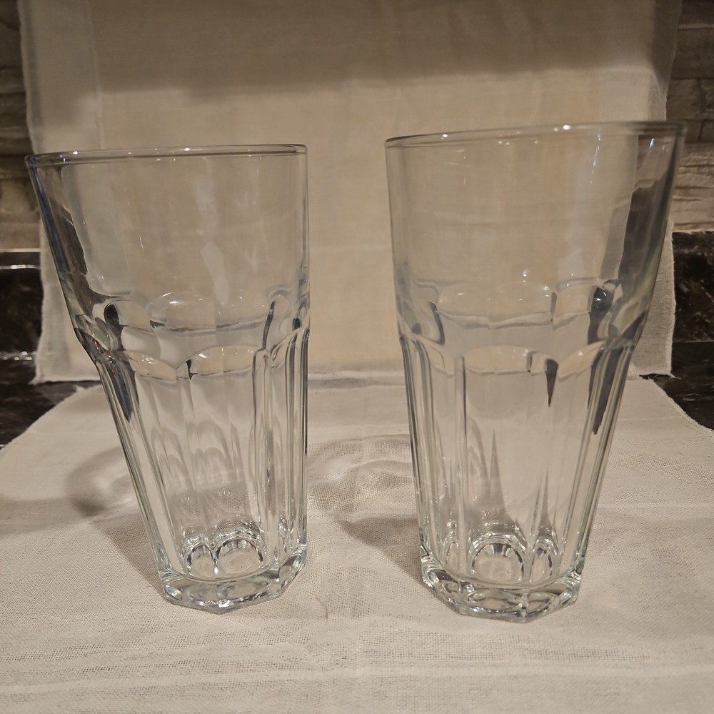 Pair Libbey Heavy Duratuff Gibralter 20oz Clear Tumbler Glasses 7″ Tall 8 Panel