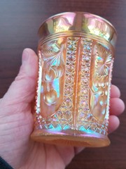 Electric Marigold Intaglio Cherry Terry Crider Art Glass Carnival Glass Tumbler