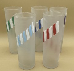 Set Of 8 Vintage Libbey Frosted Candy Stripe Collins Glasses MCM IOB