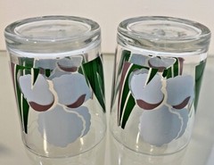 Set of 2 Rocks Glasses Blue And Purple Iris Flowers Green Leaves 3.5” Tall