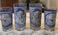 Vintage Currier & Ives Blue Tumblers Set of 4 Mixed Sizes Mid Century Barware
