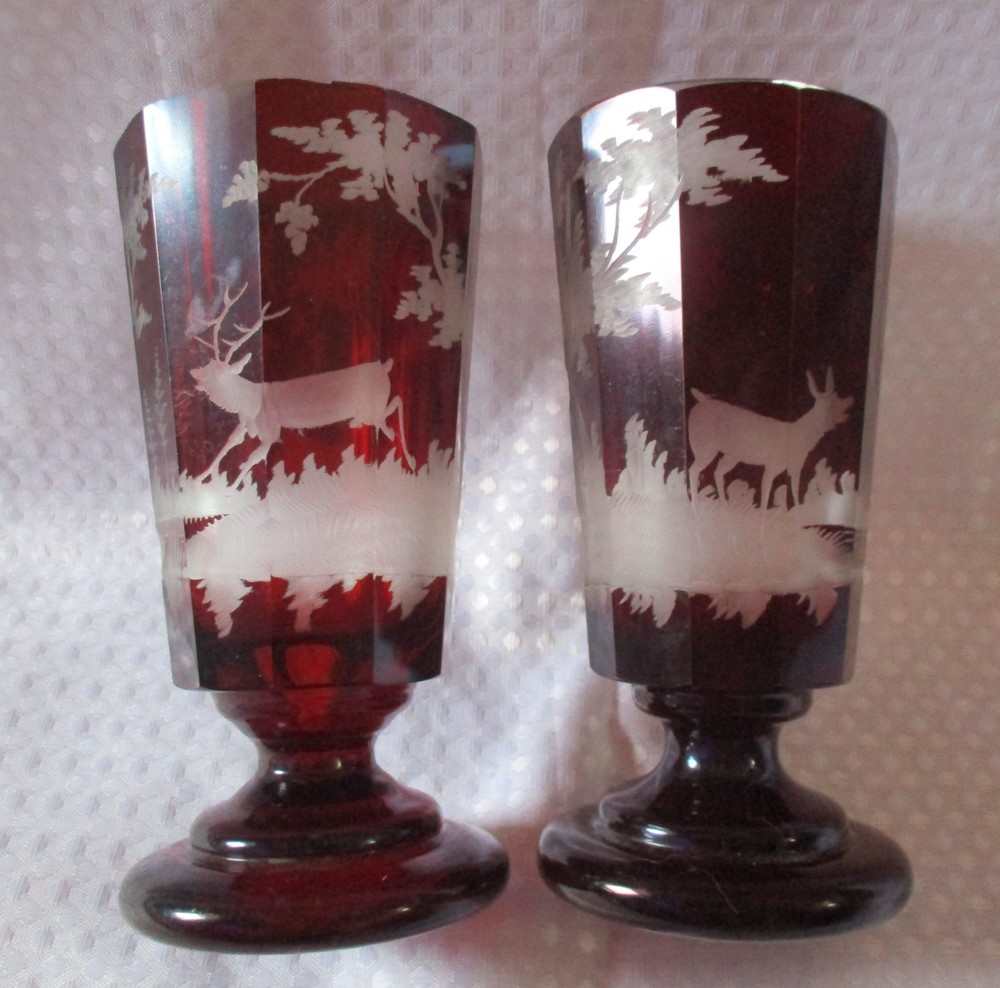 Bohemian Ruby Red Cut-To-Clear Pedestal Goblets – Chalices (2) w/Deer Scene