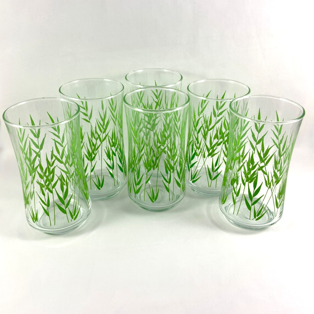 Vintage Libbey St. Clair Green Bamboo Leaf Glasses Set of 6