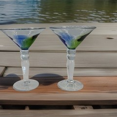 Hand Blown Art Glass Martini Glasses Blue Green Barware Set of 2 Pier 1