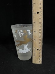 Libbey Cavalcade 3 Glasses W/cocktail Mixer Frosted Gold & White Jumping Horse