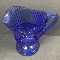 Cobalt Blue Pressed Glass Footed Creamer Ribbed Diamond Intaglio Medallion btg