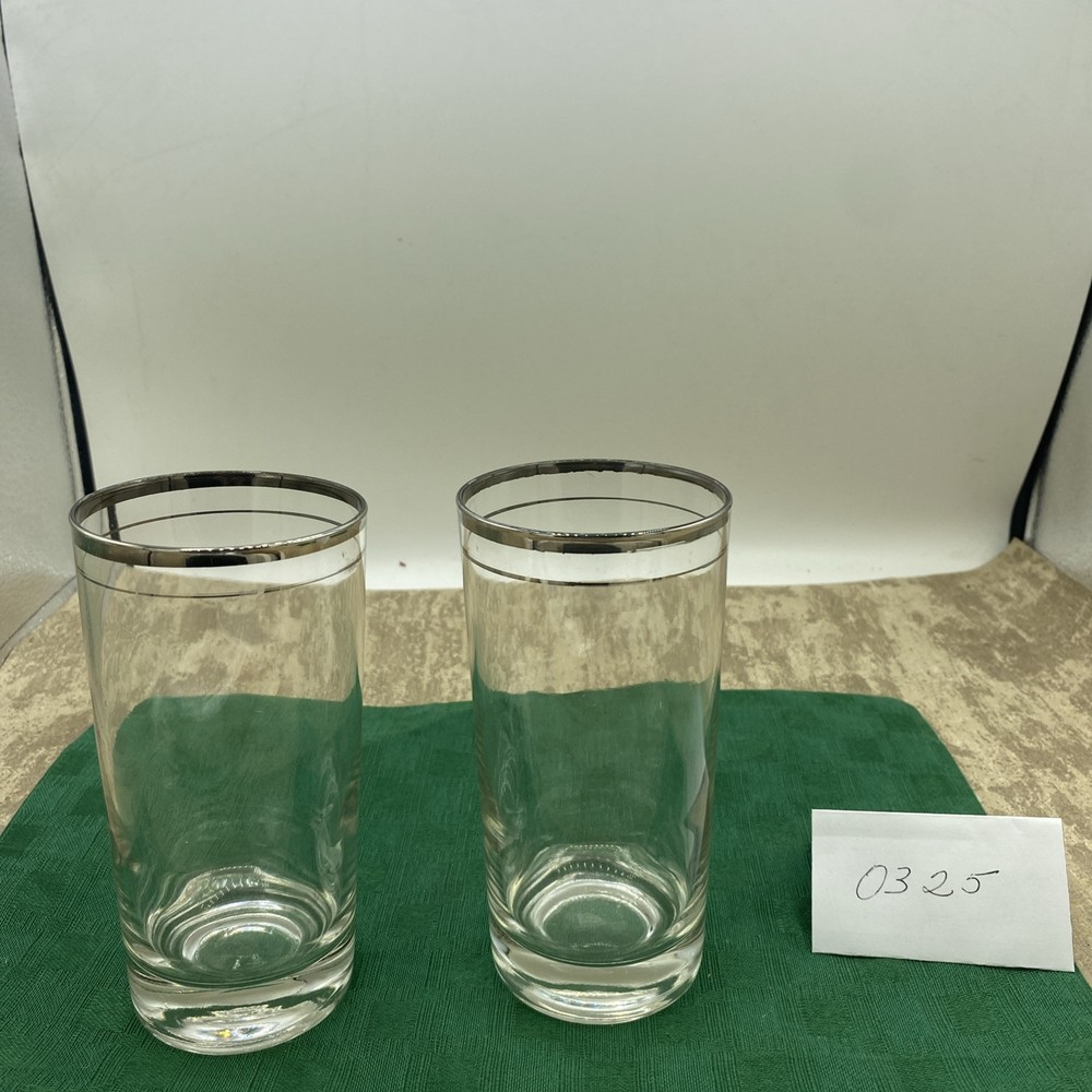 Vintage Platinum Trimmed Heavy Bottom Highball Glasses Set (2) 2.5” D X 5.5” T