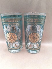2 Gold Turquoise High Ball Glasses Continental Can Company Gold Medallion MCM
