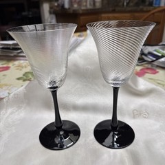 Two (2) Sasaki Royale 8.25″ Tall Goblets Black Stem Swirl bowl Vintage