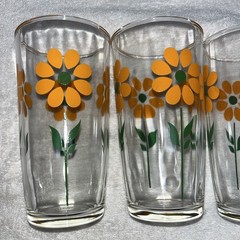 4 Vintage Hazel Atlas Daisy Flower Sour Cream Glasses 1 Pint 1950s